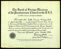 Edith Millican missionary service certificate, March 1943.