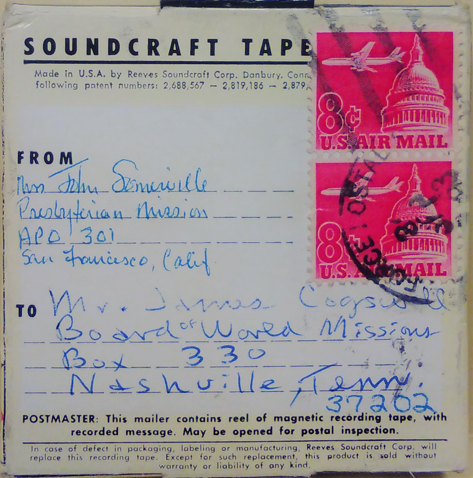 Culbertson audio letter to Cogswell, 1963, tape one, side one.