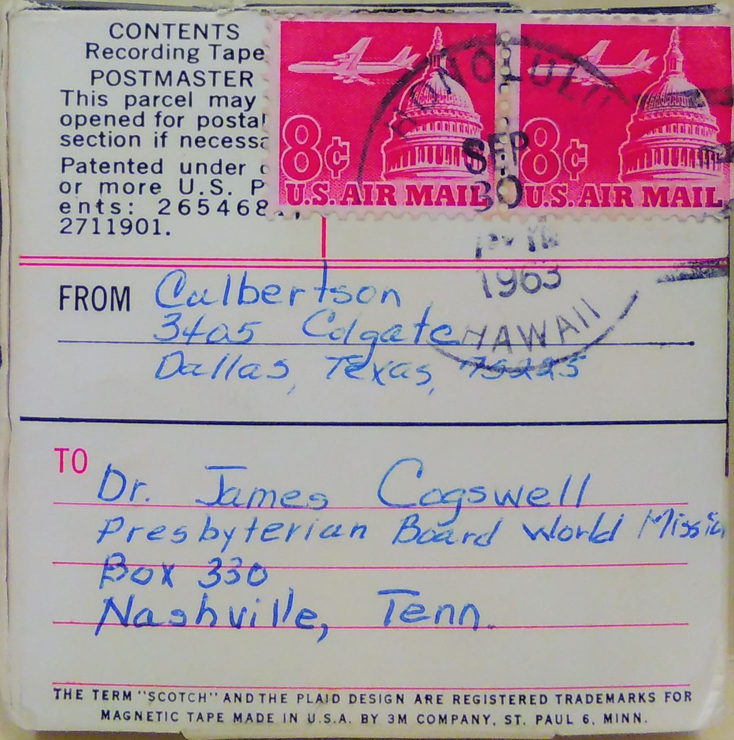 Culbertson audio letter to Cogswell, 1963, tape two, side one.