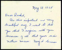 Letters and greeting cards from Rachel Henderlite's friends following her ordination, May 1965.