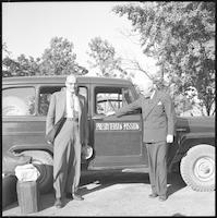 Dr. John C. Smith and Dr. Edward Adams with Presbyterian Mission vehicle, ca. 1952.
