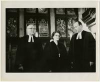 Margaret Towner with James Lowell Harris and William H. McConaghy at her ordination service, 1956.