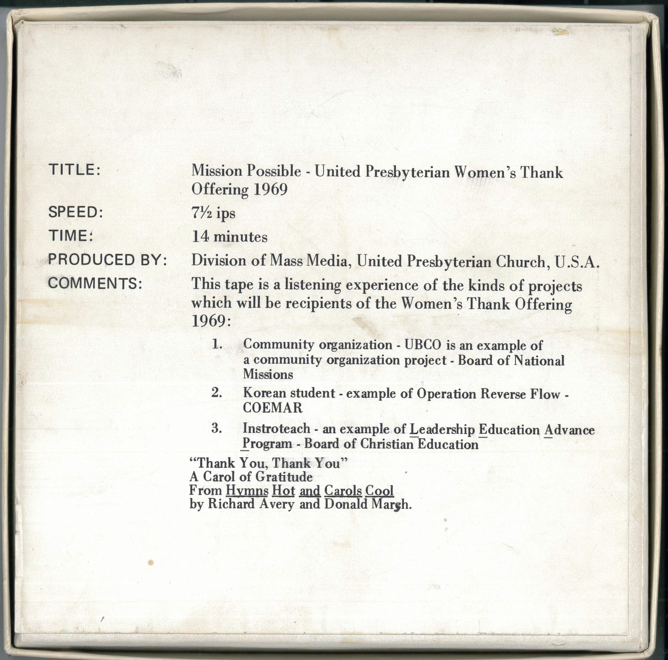 Mission Possible -- United Presbyterian Women's Thank Offering 1969.