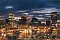 Baltimore harbor at night.