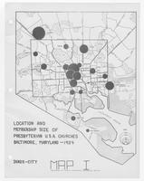 Location and membership size of Presbyterian U.S.A. churches, Baltimore.